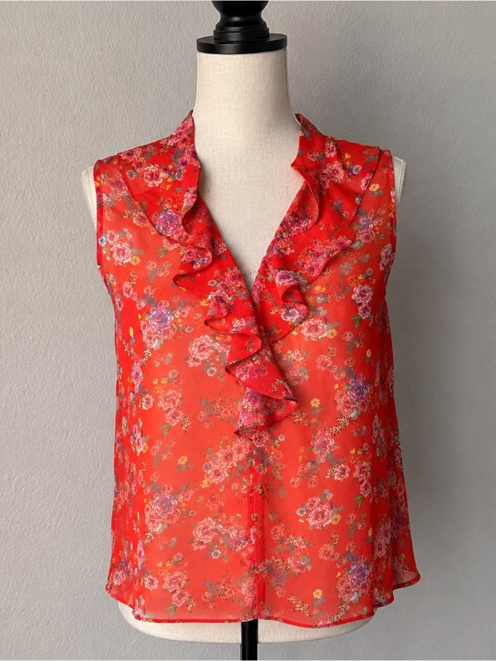 CAbi Red Floral Ruffle V-Neck Sleeveless Blouse